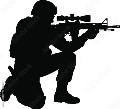 Silhouette of soldier aiming rifle, military sniper pose, tactical gear, kneeling position, combat scene, black vector, war illustration, isolated armed forces figure