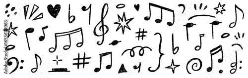 Music note icon vector doodle set. Hand drawn music note, sound symbol, melody sign in chalk crayon sketch style. Retro pastel crayon texture, playful sticker elements background. Vector illustration