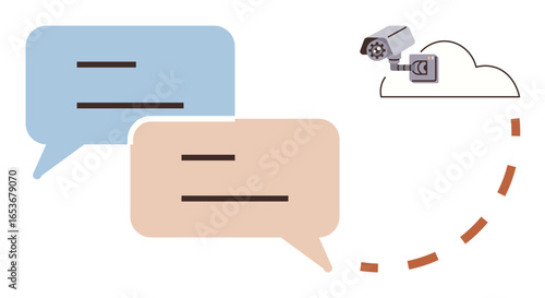 Two chat bubbles with a security camera in a cloud signify online surveillance, communication privacy, and data security. Ideal for technology, privacy, cybersecurity, networking, cloud, AI and data