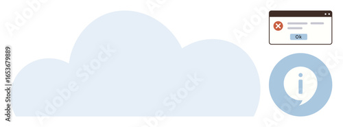 Cloud shape alongside error message popup with a red cross and OK button, plus information circle icon with i. Ideal for technology, cloud services, error, troubleshooting, IT support, data storage