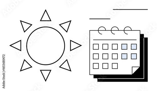 Sun with rays next to a calendar displaying squares denoting days. Ideal for daily scheduling, productivity, weather forecasting, seasonal planning, time management, outdoor activities, simple flat