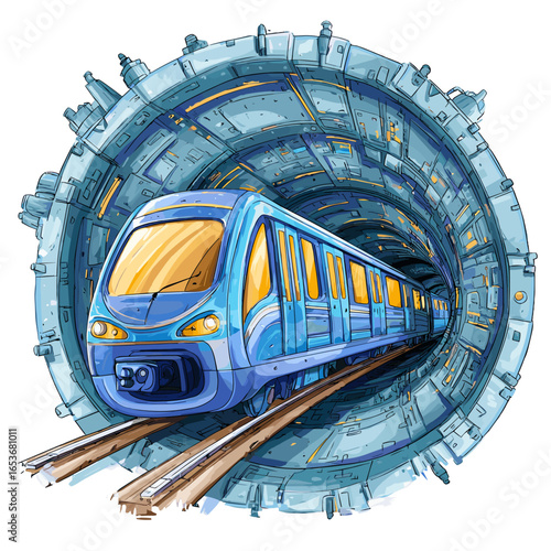 Subway Train Entering Tunnel: A blue subway train emerges from a tunnel, signifying transportation, travel, and urban infrastructure.