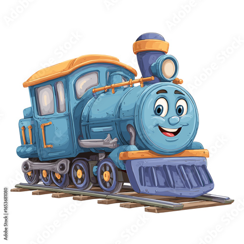 Happy Locomotive on Rails: A friendly, cartoon-style locomotive smiles brightly as it moves along a track, embodying the joy and anticipation of a childhood adventure. 