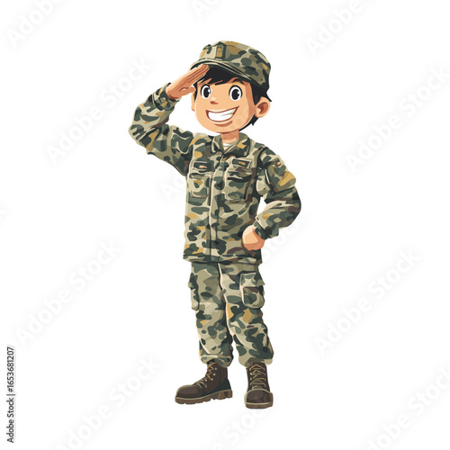 Young Soldier's Salute: A cheerful young soldier in camouflage uniform, saluting with a confident smile, embodying honor and duty