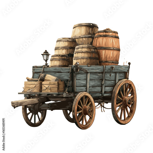 Vintage Cargo Cart: A detailed illustration of a vintage cargo cart brimming with wooden barrels, reflecting the charm of rustic transportation and storage, against a minimalist backdrop.