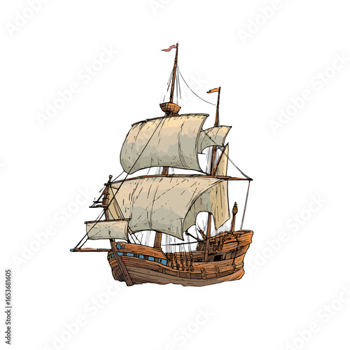 Sailing Ship Illustration: A meticulously crafted illustration of a traditional sailing ship, complete with billowing sails, a sturdy wooden hull, and intricate rigging.