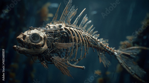 Mechanical fish skeleton underwater dark environment