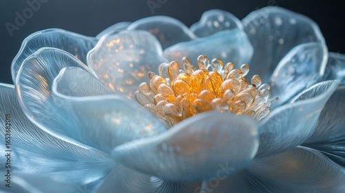 Close-up of a translucent flower sculpture, glowing center, dark background