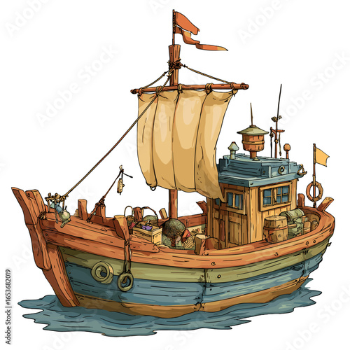 Fishing Boat Illustration: A charming illustration captures a quaint fishing boat sailing across gentle waves, highlighting the craftsmanship and detail of maritime art. 
