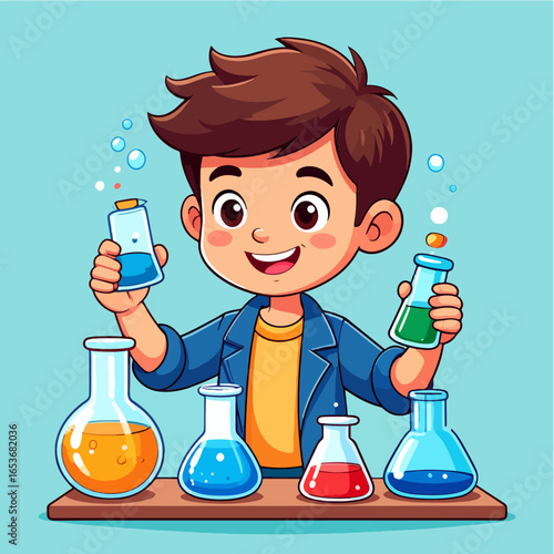 Boy with brown hair holding flasks with green and blue liquid, standing in front of a shelf with flasks containing red, orange, and blue liquids against a blue background.