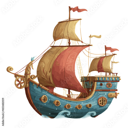 Vintage sailing vessel illustration: A captivating illustration of a vintage sailing vessel, showcasing nautical elegance and a touch of adventure. With its majestic sails and detailed craftsmanship.
