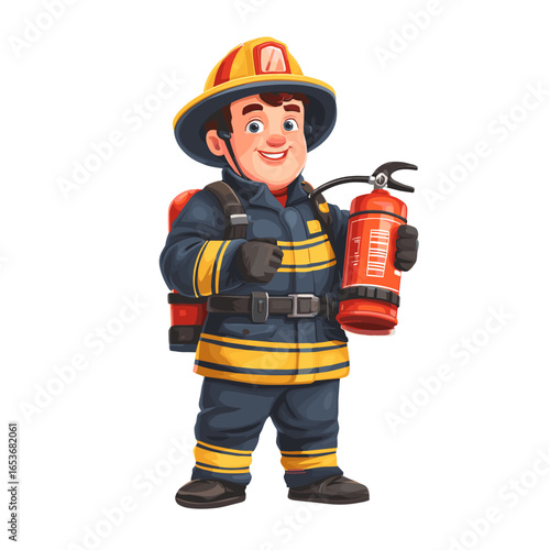 Brave Firefighter: A smiling firefighter in full gear, holding a fire extinguisher, stands ready to protect and serve in a cartoon-style illustration, embodying courage and dedication.