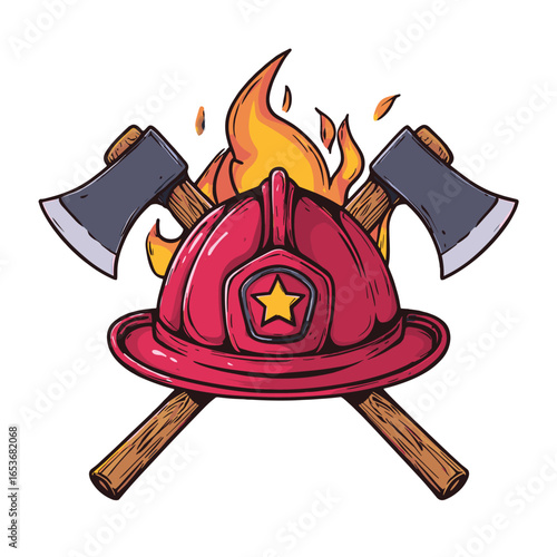 Firefighter's Emblem: A heroic emblem showcasing a firefighter's helmet, crossed axes, and flames, symbolizing bravery and protection in a detailed illustration.