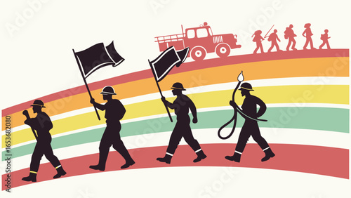 Retro-styled illustration of firefighters and civilians marching in a parade, carrying flags and equipment, against a vibrant rainbow backdrop, symbolizing community support and resilience.