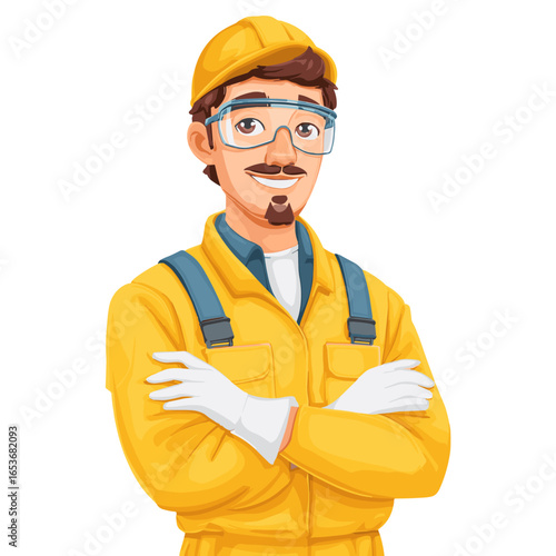 Competent Construction Worker: A professional construction worker in full uniform. Standing with confidence, embodying expertise and preparedness. Perfect for illustrating safety, skills.