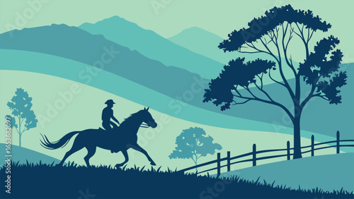 Serene Silhouette of Horseback Rider in Rolling Hills Landscape: Peaceful Equestrian Scene, Teal and Navy Color Palette, Minimalist Vector Illustration, Rural Idyll, Tranquil Countryside, Stock Image.