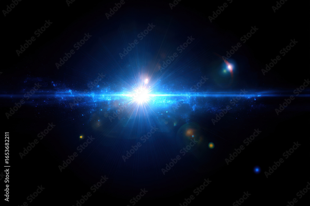 Fototapeta premium Glowing blue light burst with textured rays and lens flare effects shining brightly in dark space background, creating cosmic atmosphere