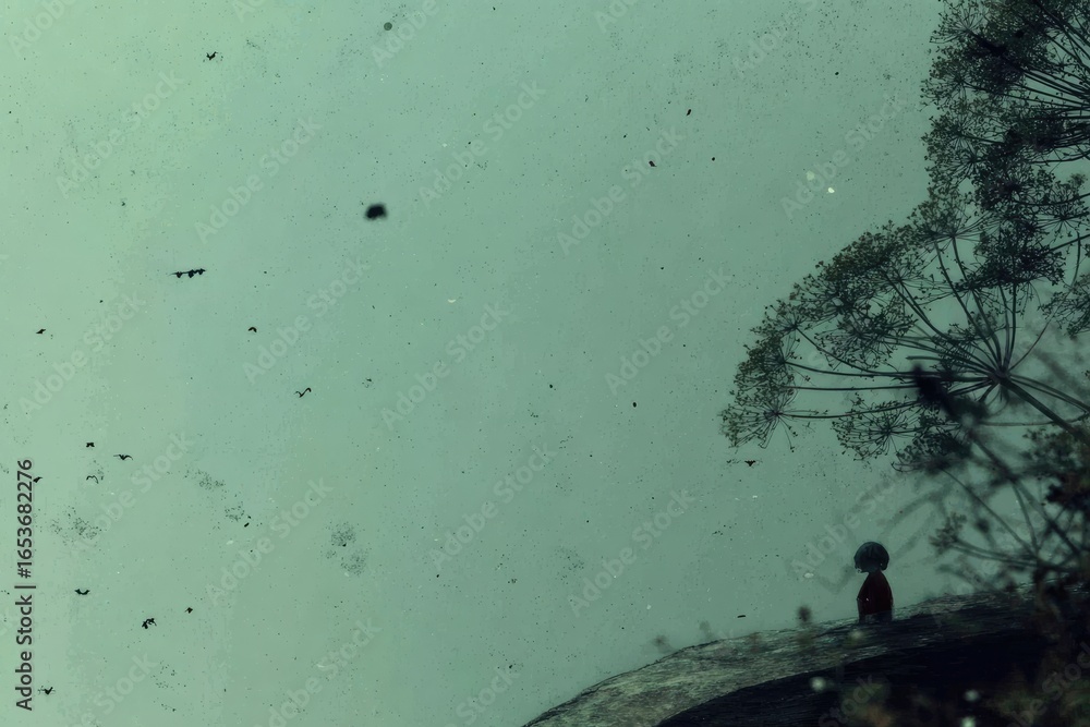 Fototapeta premium Misty, muted view from above, tiny figures, plant