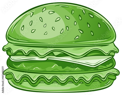 Shiny green double cheeseburger cartoon illustration with lettuce and sesame seeds