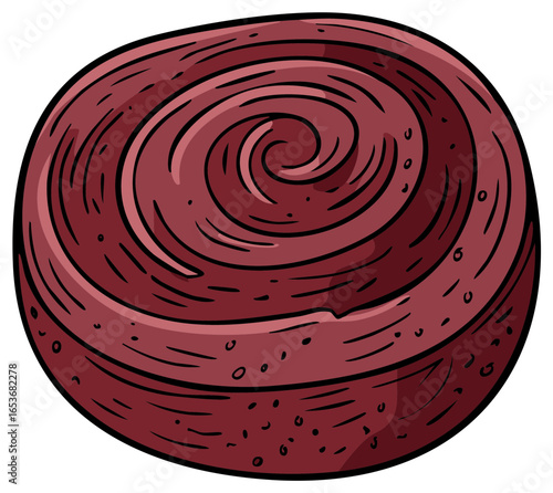 A hand drawn cartoon illustration of a swirled red velvet sweet roll or Danish pastry.