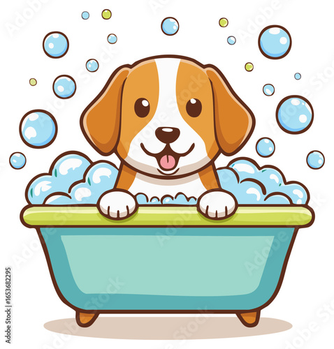 Adorable Cartoon Dog Enjoying a Bubble Bath, Floating Soap Bubbles, Grooming Illustration