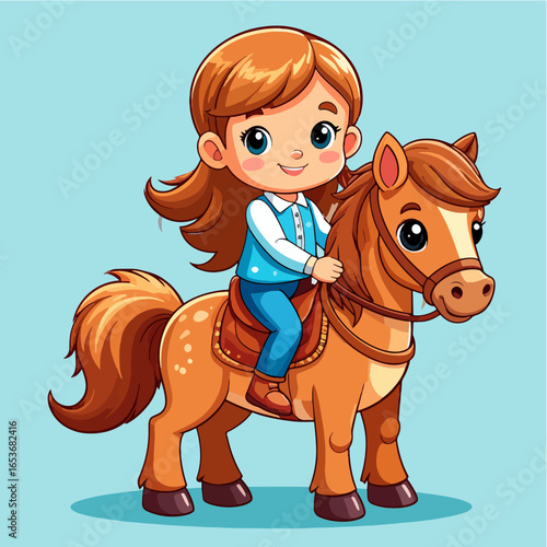 Cartoon girl riding a cute brown horse, wearing a blue vest and trousers, set against a plain blue background, cartoon illustration, fun and playful.