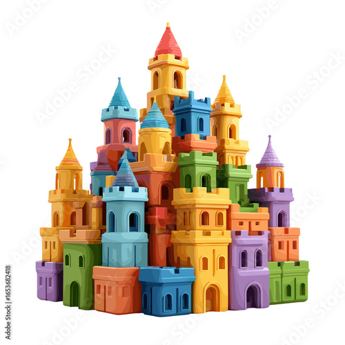 A colorful, toy castle illustration, a whimsical representation of a fortress crafted with vibrant building blocks. The artwork is bright, playful, and evokes a sense of fun and imaginative play. 