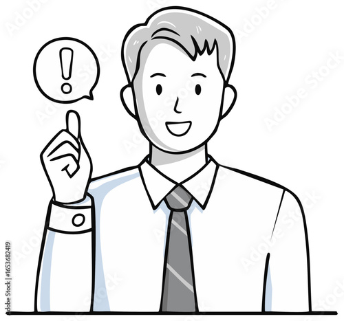 Wallpaper Mural Man in Shirt and Tie Points Finger Up with Exclamation Mark in Speech Bubble Suggesting Idea or Solution Torontodigital.ca