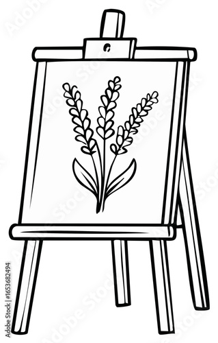 Artist easel displaying a simple line drawing of lavender stems with leaves