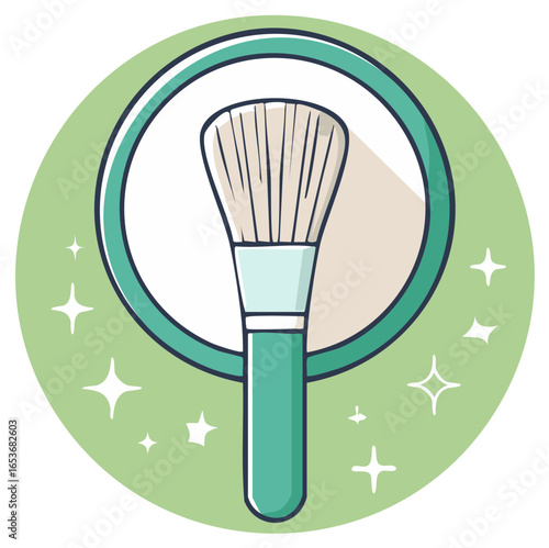 Aesthetic cartoon makeup brush illustration with green and white color scheme on light green background