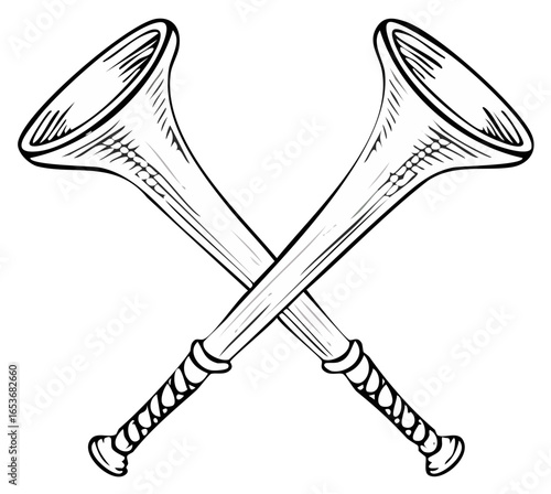 Stylized Crossed Signal Horns Illustration, Vintage Marine Signalling Instrument