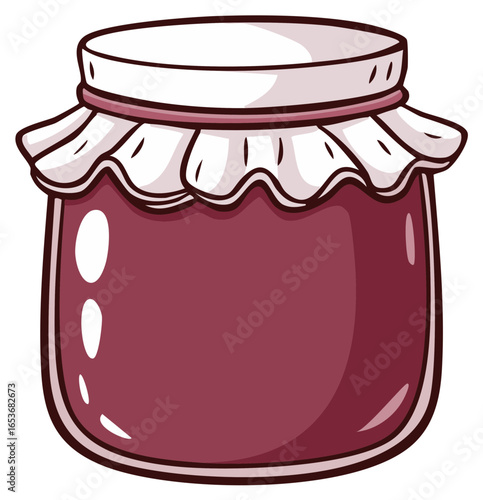 Cute cartoon illustration of a homemade fruit jam jar with a decorative cloth cover