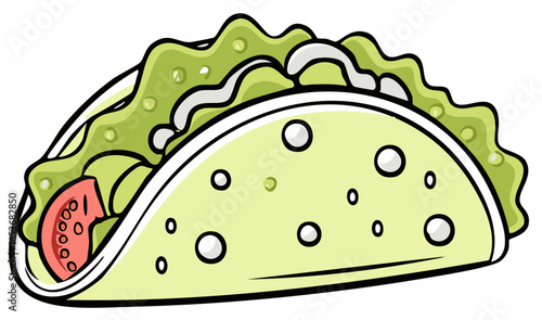 Cartoon Taco Clipart with Lettuce, Tomato, and Creamy Sauce Filling Illustration for Mexican Cuisine and Fast Food Concept
