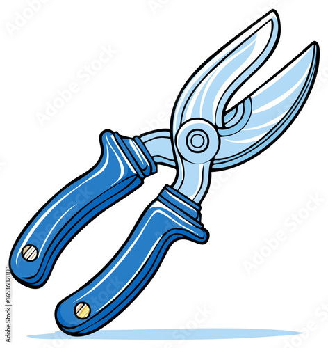 Cartoon illustration of blue garden shears with silver blades and a pivot point