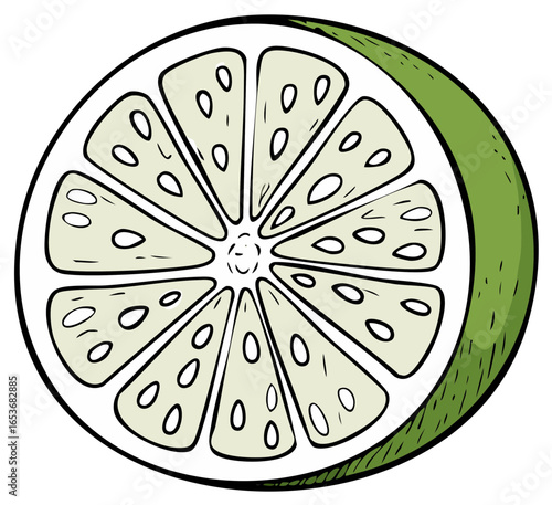 Hand Drawn Slice of Lime with Seeds, Vector Illustration of Green Citrus Fruit