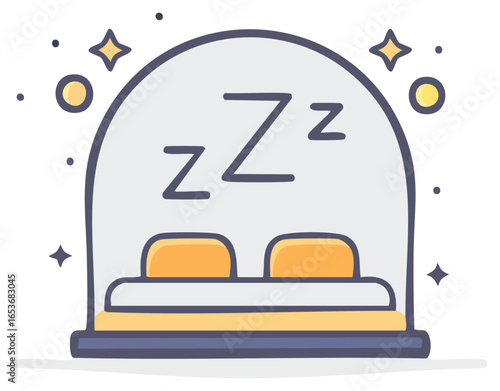 Sleep Concept Illustration: Bed and ZZZs in a Glass Dome, Stars around it.