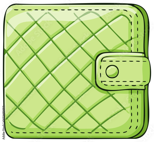 Cute Green Quilted Wallet with a Buttoned Flap Closure Stylized Vector Graphic Illustration
