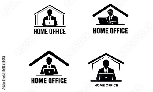 Home office work icon set with businessman using laptop computer under roof symbol
