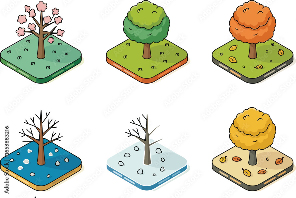 Fototapeta premium Isometric trees representing four seasons and winter