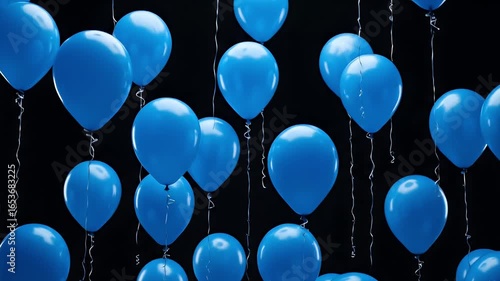 A collection of glossy blue balloons with silver strings against a solid black background