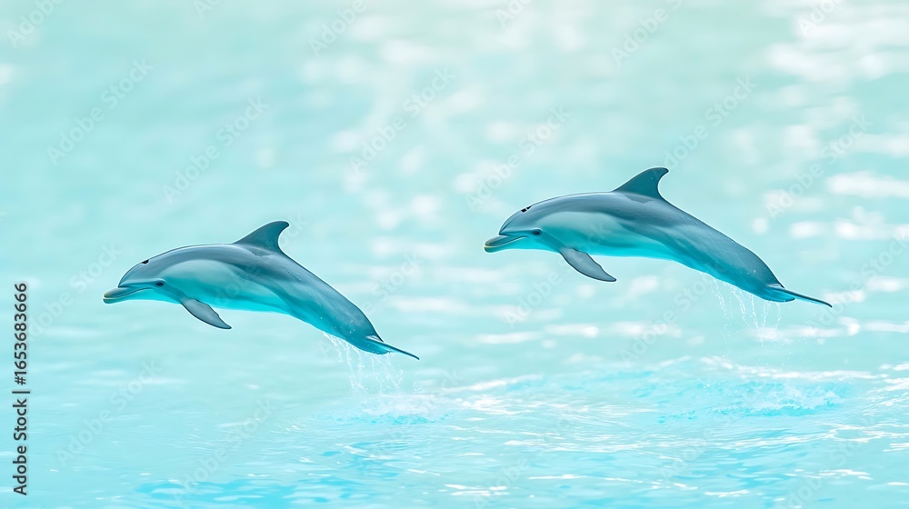 Fototapeta premium Two dolphins leaping gracefully through clear blue tropical waters