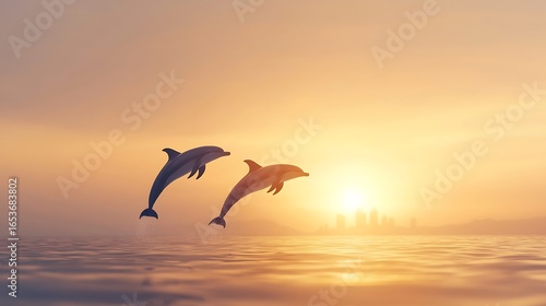 Two dolphins leaping joyfully at sunset over the ocean