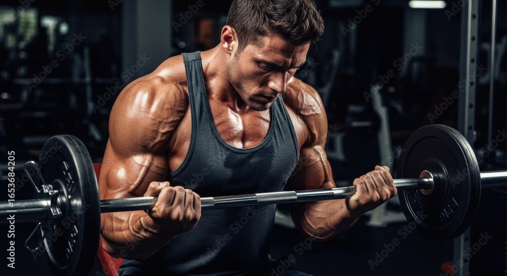 Muscular man in gym curls barbell with focus, training biceps and strength Muscular man in gym curls barbell with focus, training biceps and strength