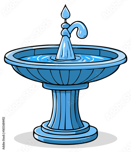 Cartoon style water fountain in blue with water flowing from a spout into the basin