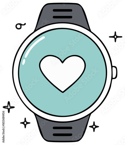Cute hand drawn smartwatch illustration with heart icon on screen for digital health and wellness