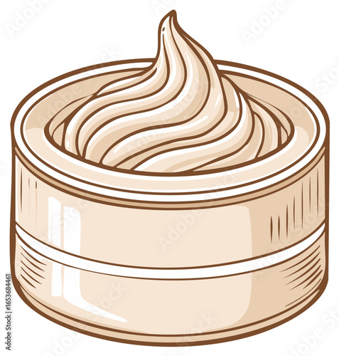 Stylized illustration of moisturizing face cream in round jar container with lid, beauty product graphic
