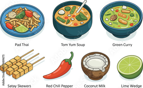 Collection of Thai Cuisine Dishes and Ingredients pad thai