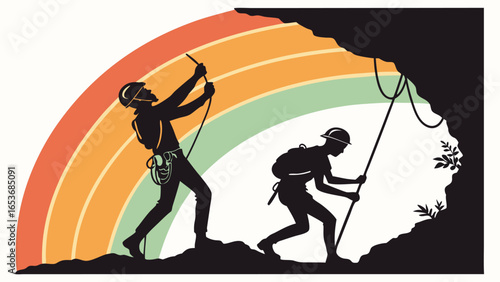 Retro styled silhouette illustration of two climbers ascending a cliff face,  against a vibrant rainbow backdrop, conveying adventure, teamwork, and a sense of accomplishment.