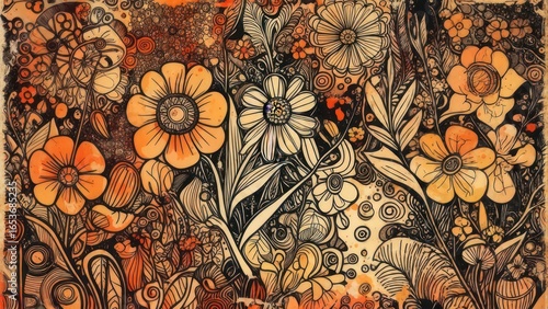 Vibrant Orange and Cream Floral Tapestry with Bold Graphic Outlines
