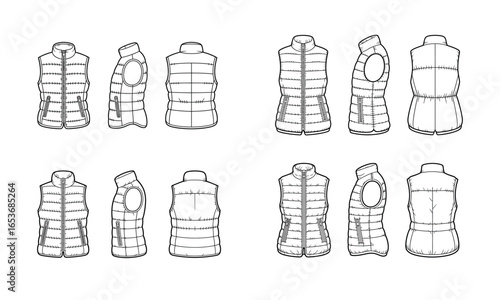 Puffer vest fashion design sketch with front and back view illustration 
